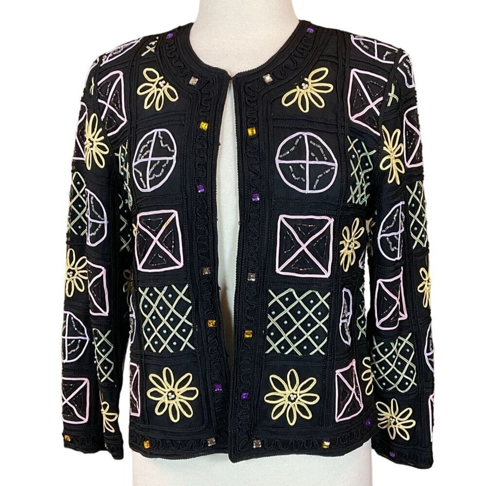 Vintage LISA Colorful Embroidered Beaded Geometric Pattern Evening  Jacket Sm
